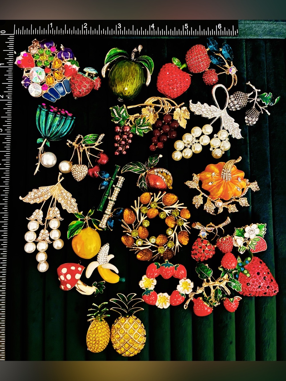 Fruit Brooch Lot 27 Enamel Rhinestone Pearl Strawberry Cherry Apple Pineapple